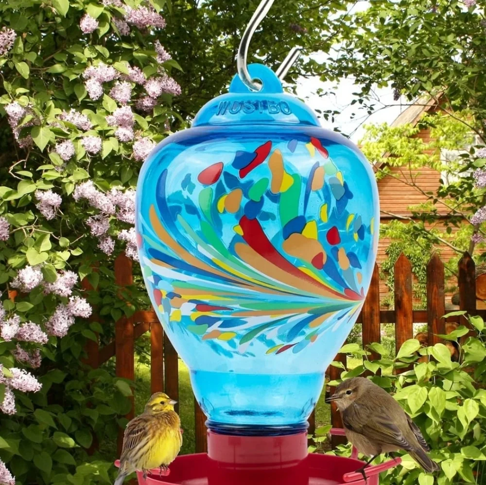 Colorful Glass Wild Bird Waterer 32 Oz Bird Water Feeder for Outdoors Garden Out